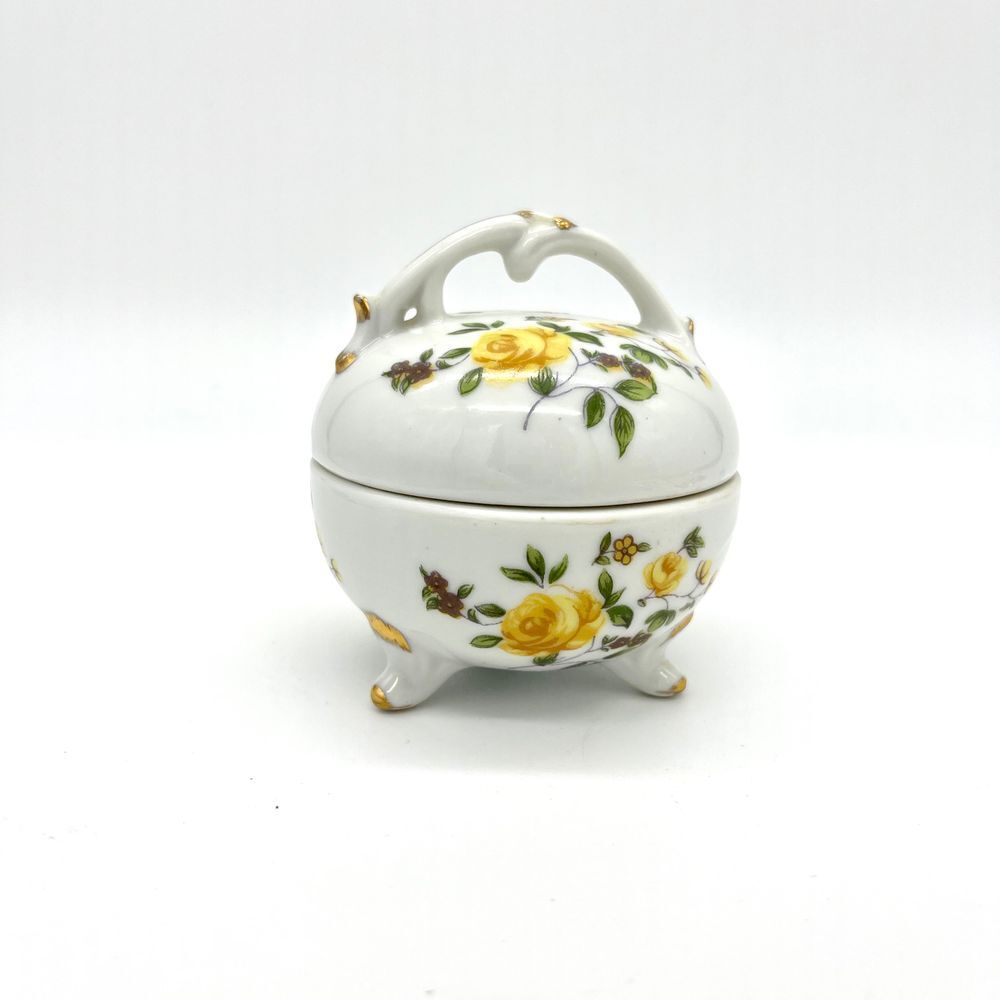 Vintage Porcelain Trinket Box Yellow Rose Floral Design Small Footed Japan